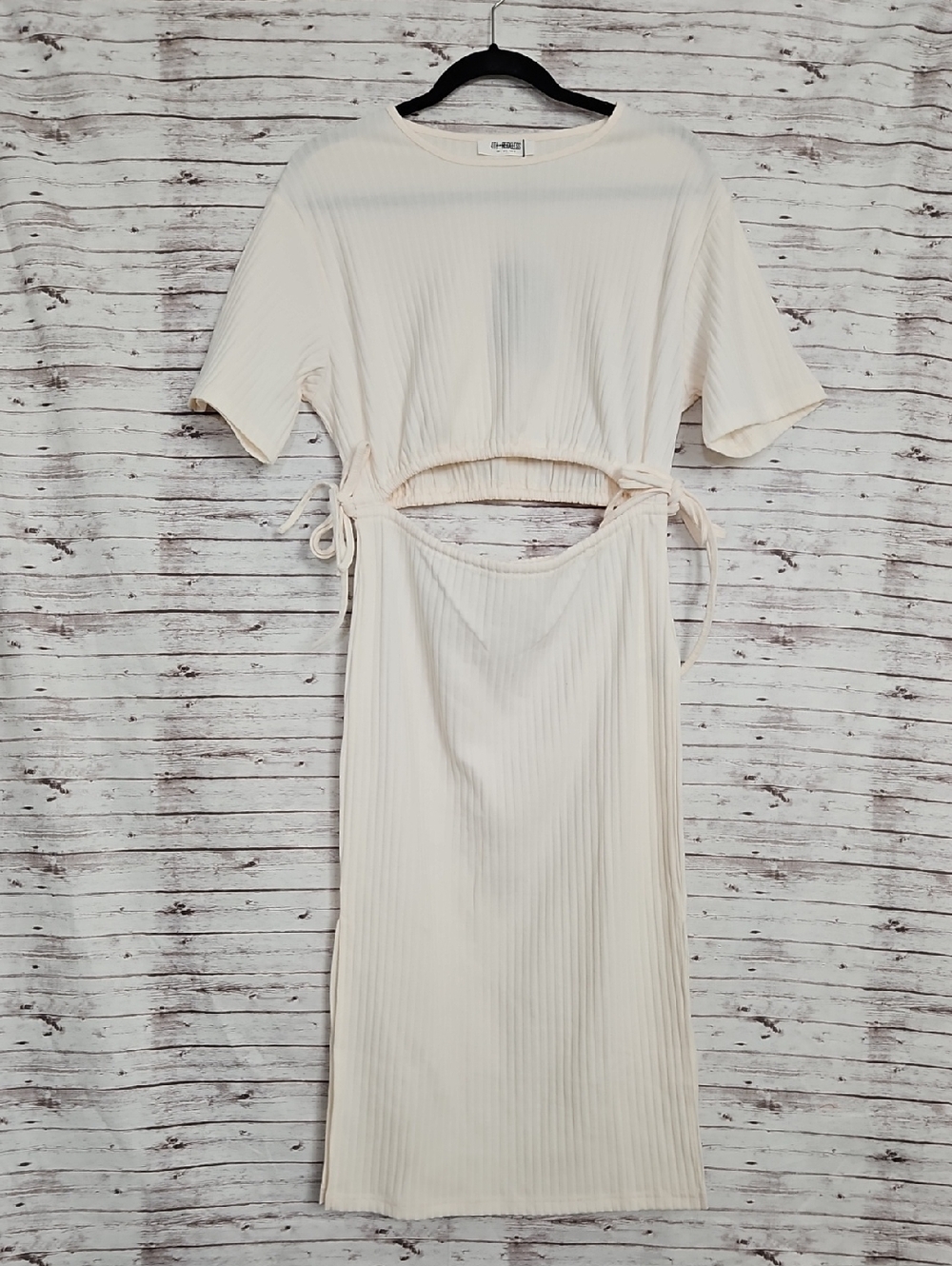Ribbed Cream Midi Dress with Side Cutout and Tie Detail